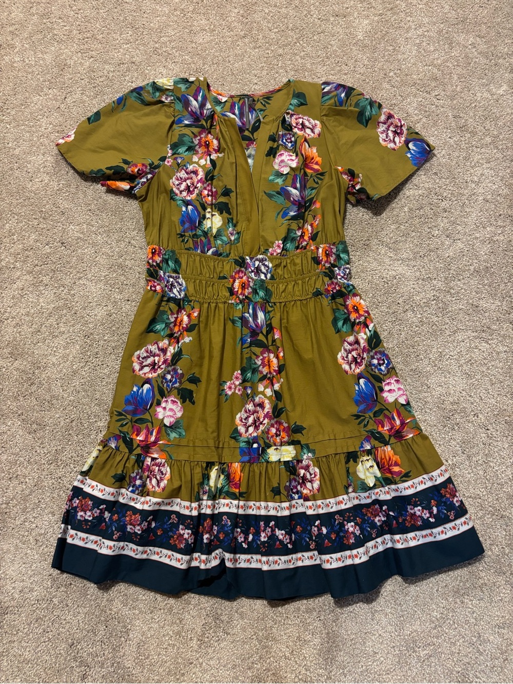Anthropologie Somerset Olive Green Floral Short-Sleeve Tiered Dress